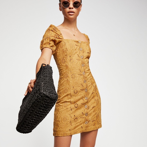 Free People Mini Dress Womens Brown Eyelet Cotton Puff Sleeve Boho 70s Size 6 - Picture 1 of 8